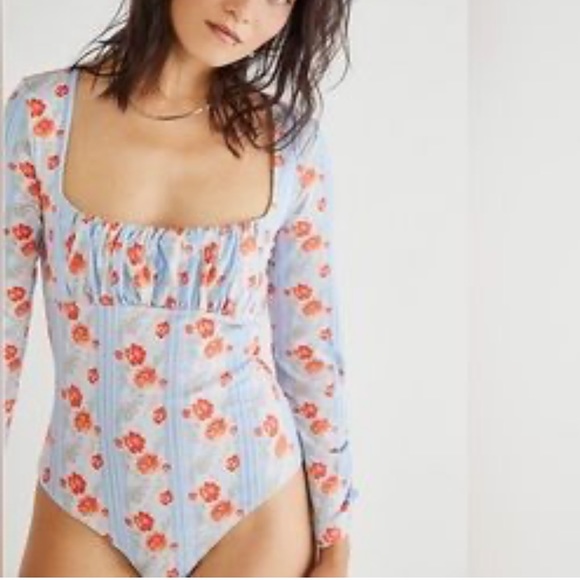 Free People Center Stage Open Back Floral Stripe Long Sleeve Printed Bodysuit - Picture 2 of 7